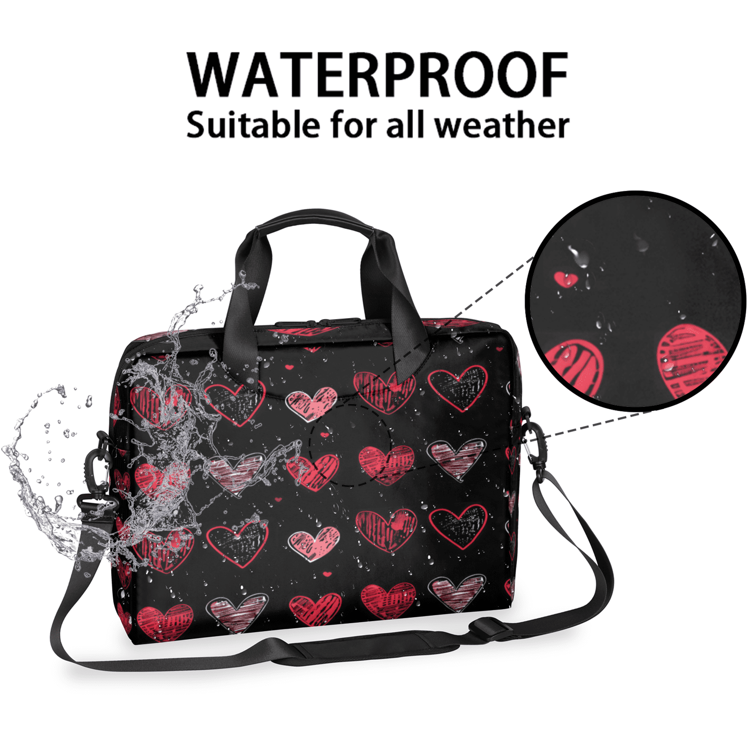 Herdesigns Valentine's Day Black Red Heart Laptop Bag for Women Men, Computer Case Briefcase Messenger Bags, 15-15.6 inch Laptop Sleeve Shoulder Bag