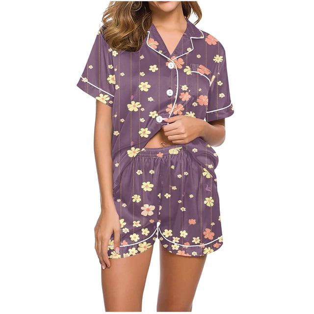 Jamicy Pyjama d'Halloween pour Femmes, Mode Décontractée, Imprimé, Haut à Manches Courtes avec Col à Revers et Short, Ample et Confortable, Ensemble de Pyjama pour la Maison