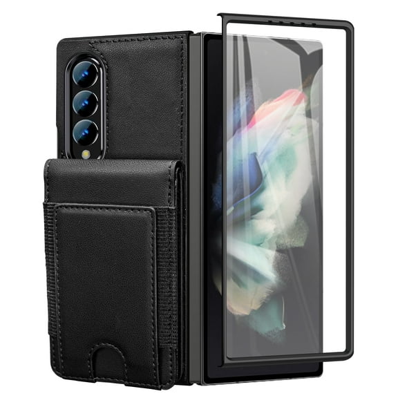 Dteck Wallet for Samsung Galaxy Z Fold 4 Case with Built-in Glass Screen Protector, Soft PU Leather Card Holder Flip Kickstand Protective Case for Z Fold 4 5G,Black