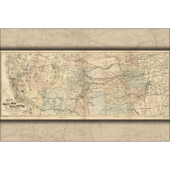 24"x36" Gallery Poster, Map of the routes of Union Pacific RailRoad 1867