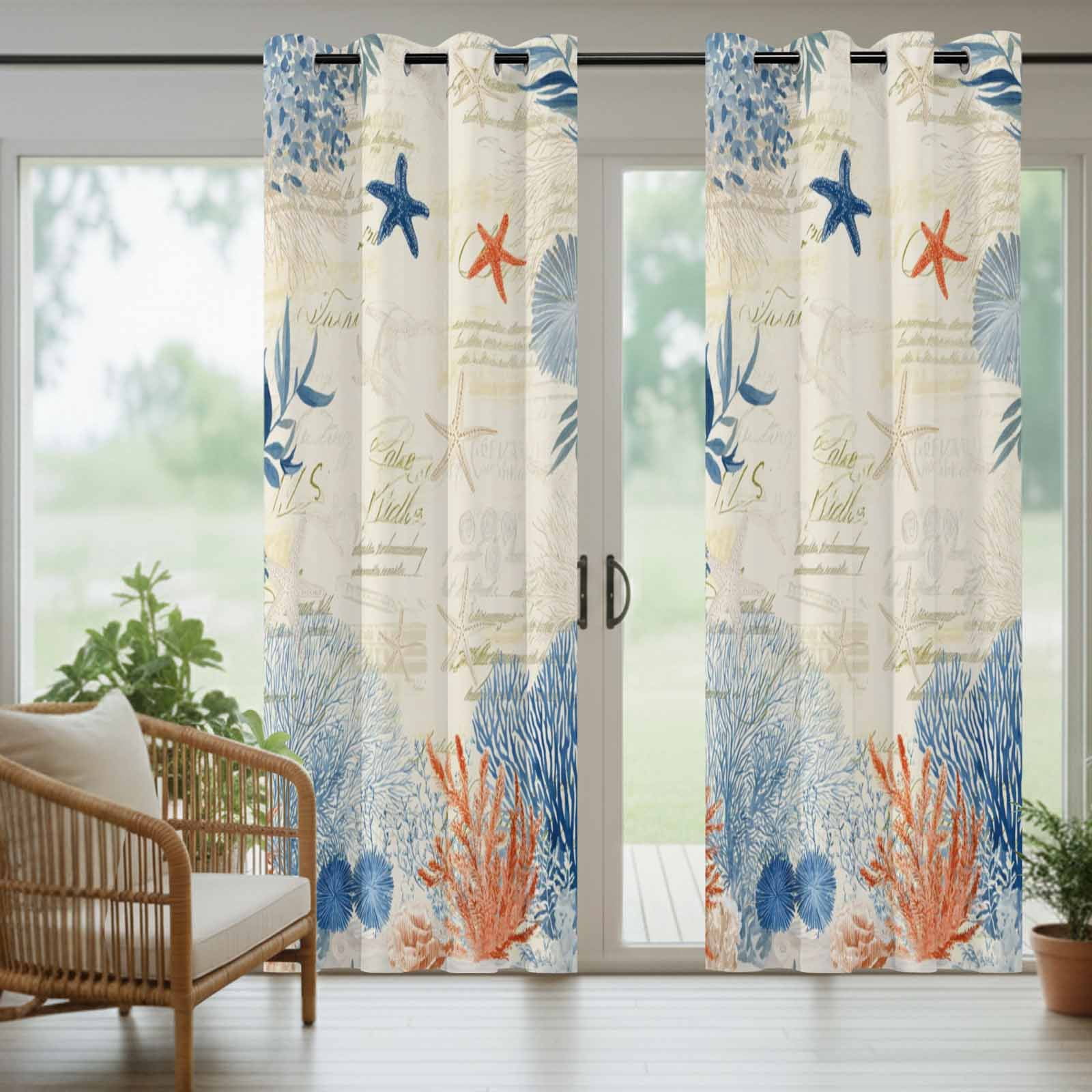 Ocean Corals Outdoor Curtains for Patio, Summer Beach Coral Sea Stars Retro Texture Sunshade Privacy Drapes Grommet Waterproof Outside Curtains for Porch/Cabana/Balcony 54"x 108", 1 Panel