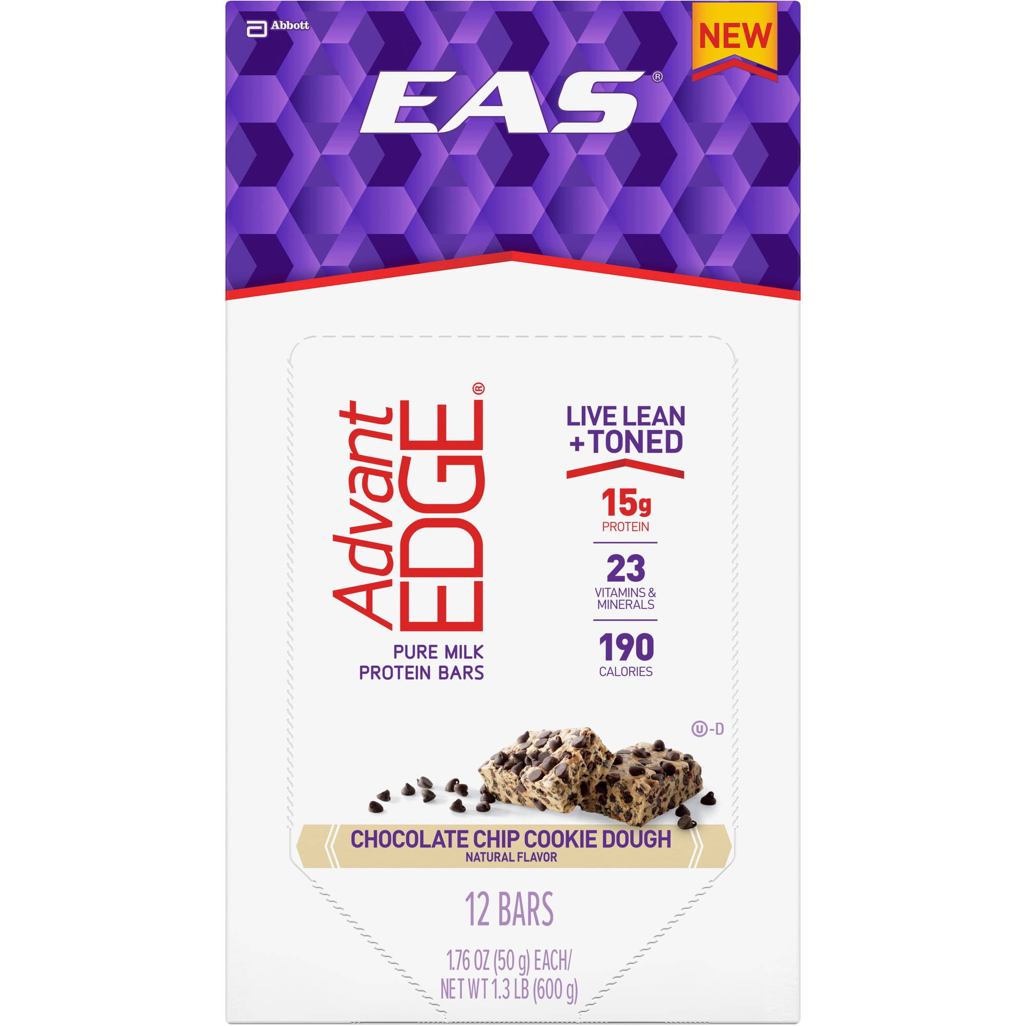EAS AdvantEDGE Milk Protein Bars, Chocolate Chip Cookie Dough, 1.76 oz (3-12 Packs) by