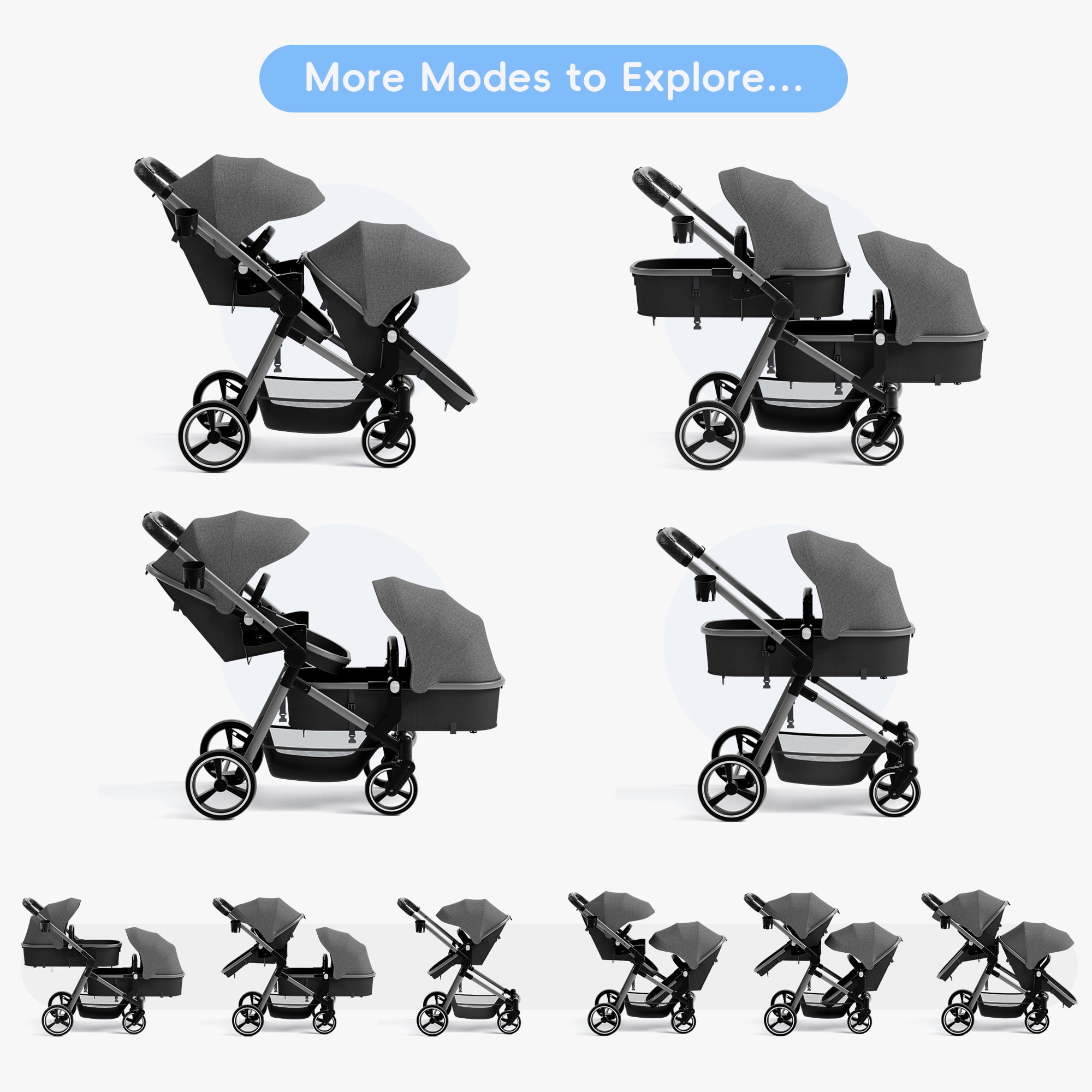 Double Stroller, Foldable Tandem for Infants & Toddlers, Reclining Seats, 5-Point Harness, Large Basket, Gray