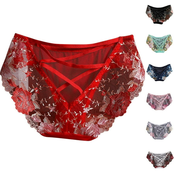 Alkepwun Sexy Underwear for Women High Waisted Lace Panties Mesh Embroidery Rose Full Coverage Underpants Breathable Criss Cross Briefs Cheekster Panties on Clearance