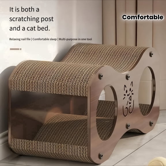 Sturdy Walnut Cat Scratching Post with Integrated Cat Bed