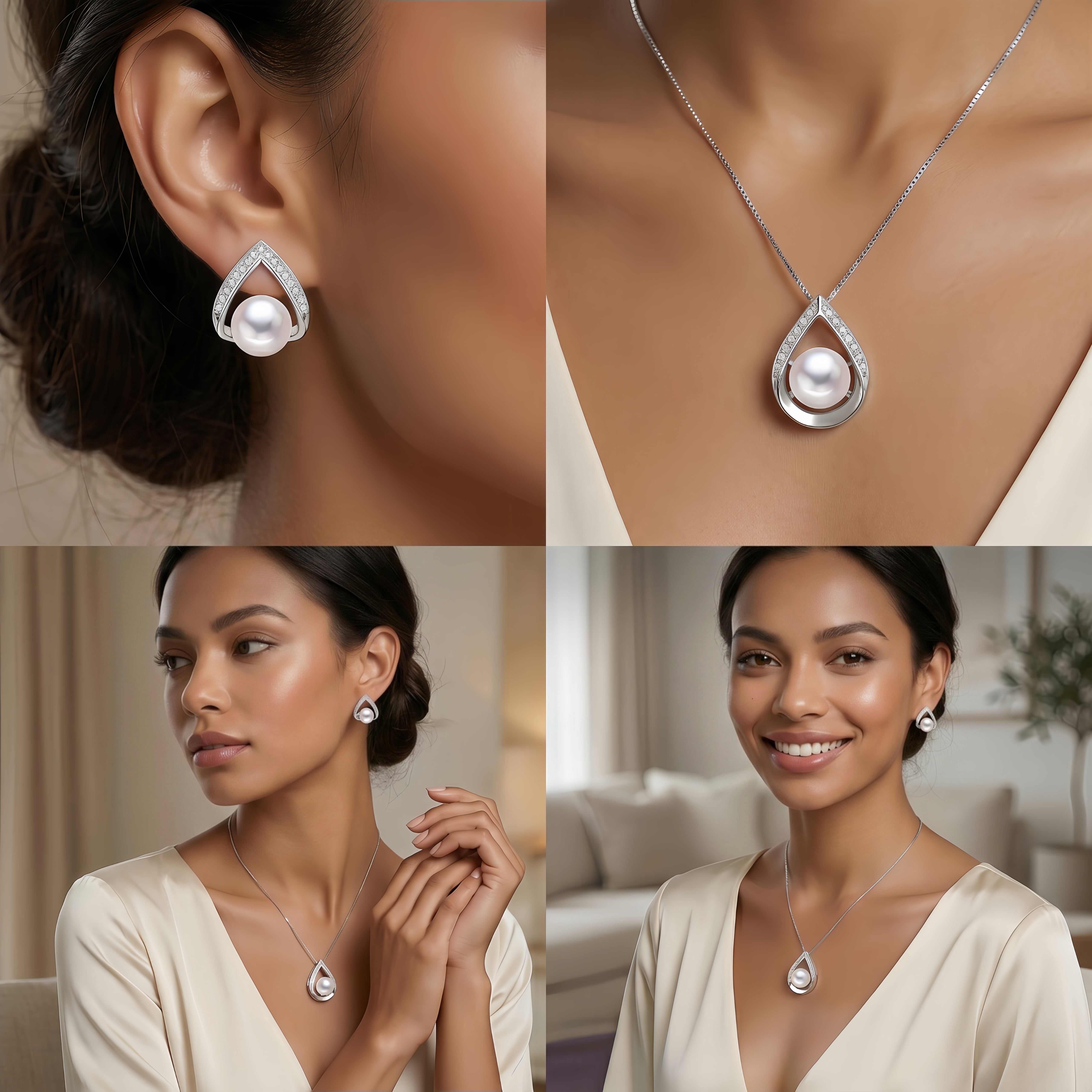 Bamiki White Pearl Necklace and Earrings Set | 925 Sterling Silver Jewelry Set with Pendant and earrings Valentine's Day Gift