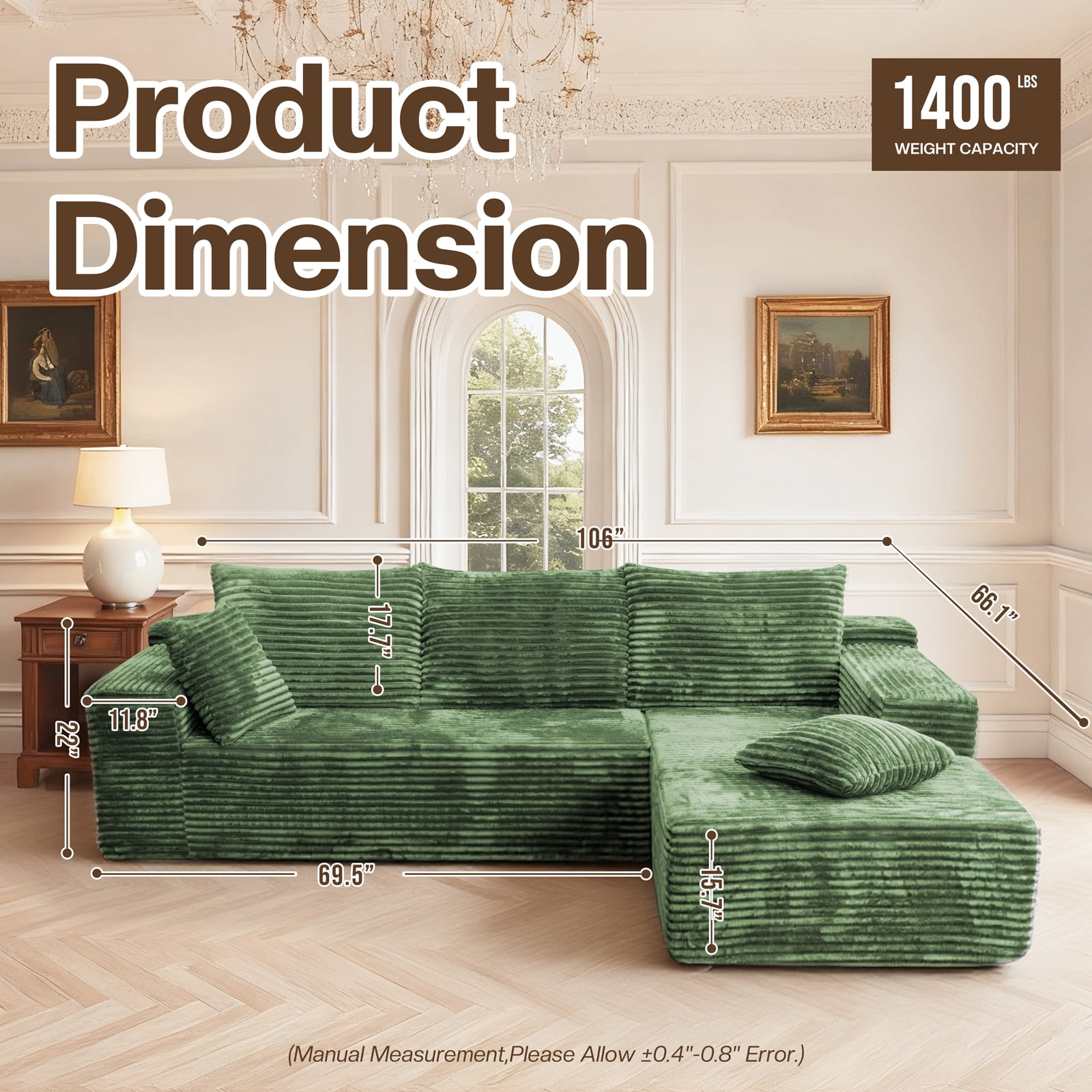 Kelyda 105" Modular L-Shaped Cloud Sofa, Plush Boneless Sectional with Deep Seats Chaise Corduroy Fabric Green