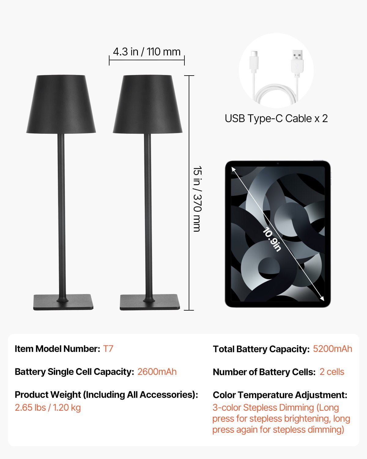 2-Pack Cordless Table Lamps - 5200mAh Rechargeable Battery Operated Desk Lamps, Portable Nightstand Lighting, Black, Adjustable Brightness, USB Charging, for Bedroom, Living Room, Office - Walmart
