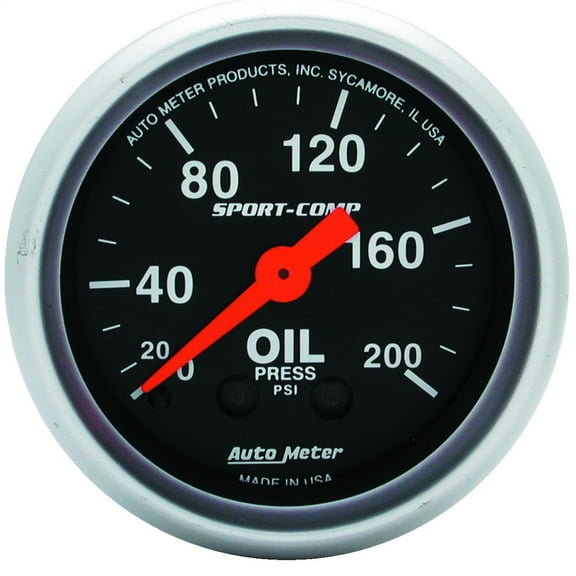 AutoMeter 3322 Sport-Comp Mechanical Oil Pressure Gauge; 2-1/16 in.; Black Dial Face; Fluorescent Red Pointer; White Incandescent Lighting; Mechanical; 0-200 PSI;