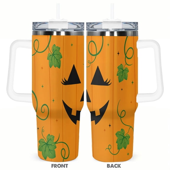 Halloween Pumpkin Jack O Lantern 40oz Car Tumbler Insulated Travel Cup with Handle and Straw Stainless Steel Vacuum Coffee Cup Spooky Autumn Gift for Her and Home Decor