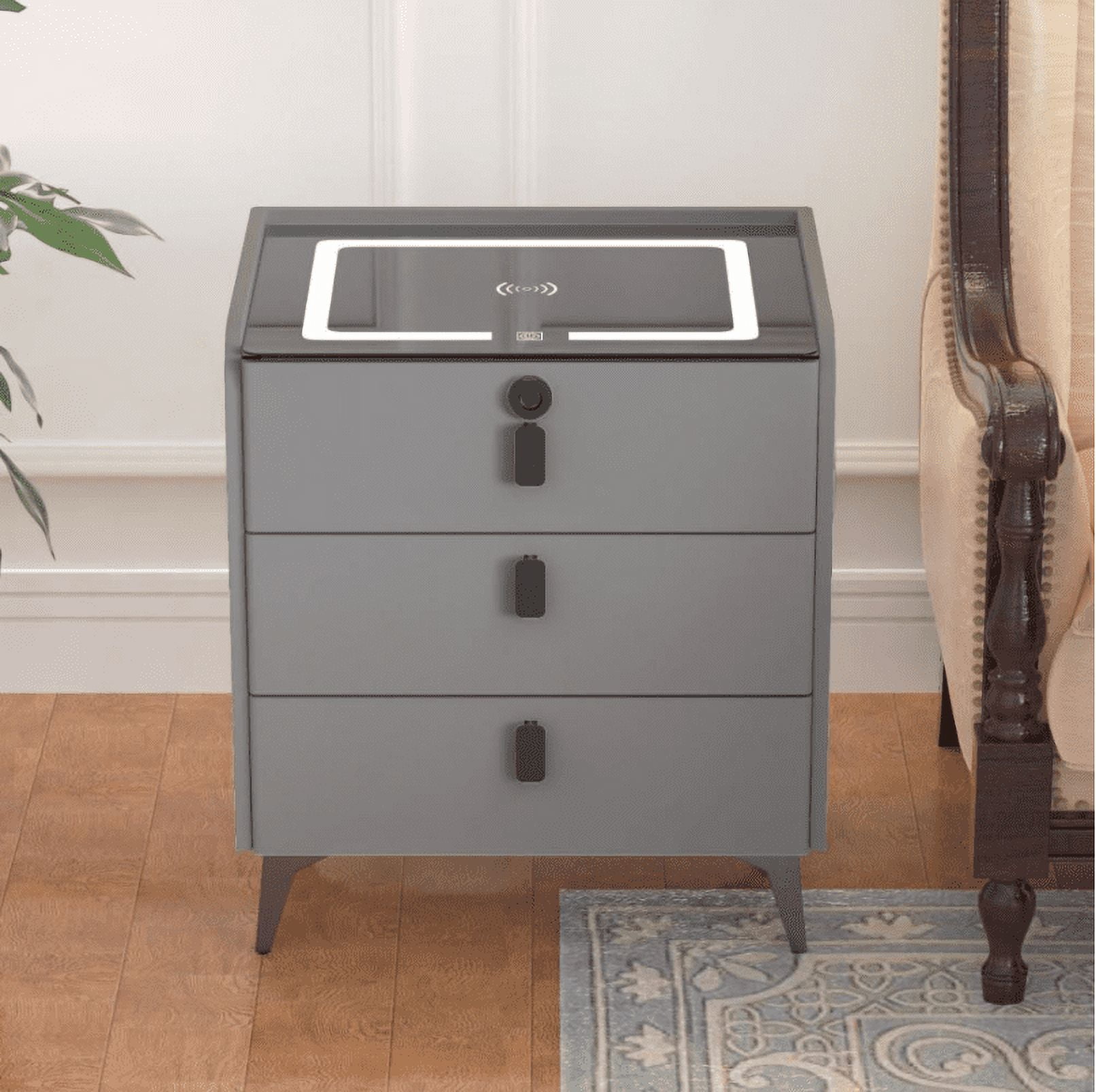 FINE MAKER Modern End Side Table wth Mood Lights & 3 Drawers Bedside Table with Charging Station