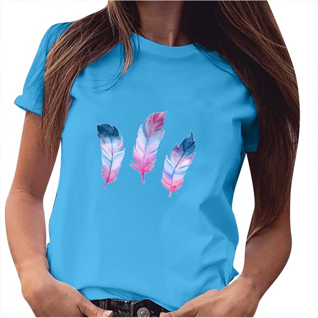 Pompotops Chemise à Manches Courtes Imprimé Plumes pour Femmes et Filles, Grande Taille