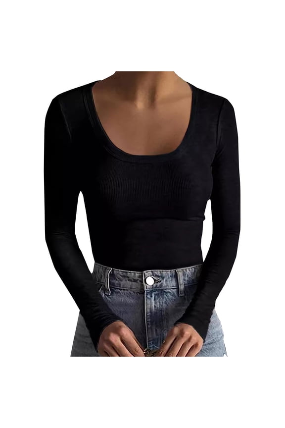Ribbed Long Sleeve Tops for Women Scoop Neck Ribbed Knit Basic Tees Stretch Crewneck Slim Fitted Basic Solid Double Lined Basic Tee Long Sleeve Basic Fitted Tees for Womena2_black L