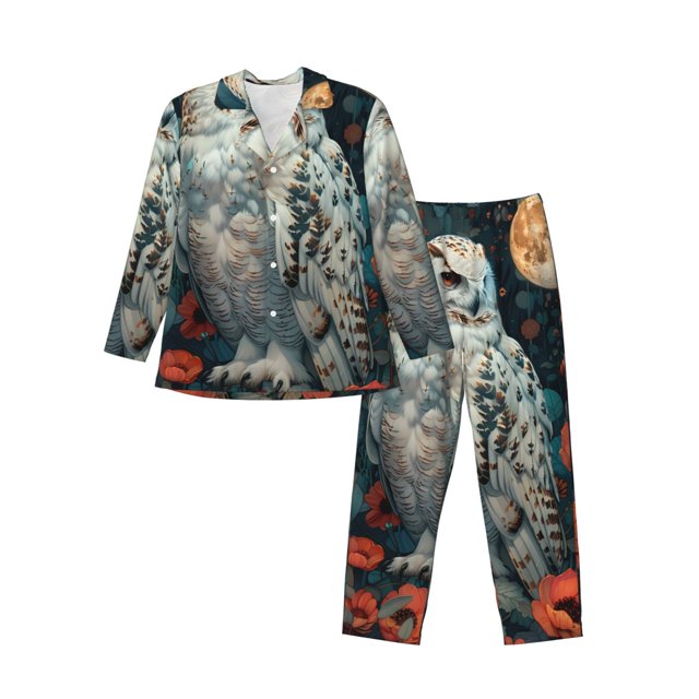 Balery Moon Flower White Owl Pijama para Hombre de Dos Piezas con Manga Larga, Conjunto de Dormir y Descanso Suave con Bolsillos-XX-Large
