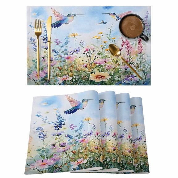 Spring Floral Placemats Set of 8 Summer Botanical Hummingbird Place Mats Indoor Wipeable Table Mats Washable Cloth Dining Table Placemats for Kitchen Holiday Party Home Decor 13x19 Inch