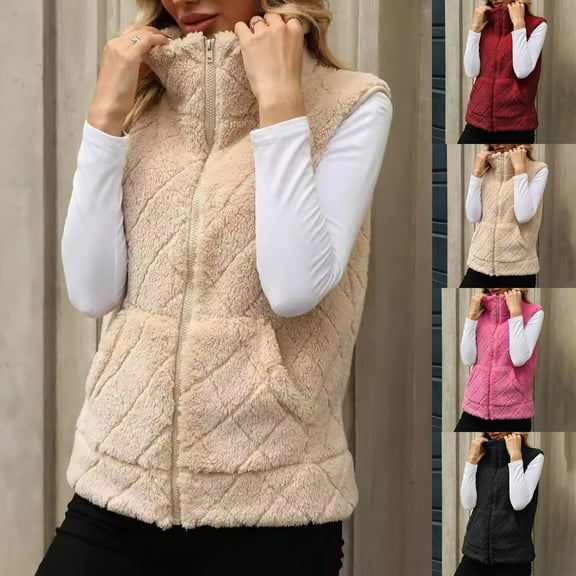 Antinious Womens Fuzzy Fleece Solid Casual Warm Sleeveless Zip Up Jacket with Pockets,Trench Coat Women,Jackets for Women Trendy,Pink,XXL