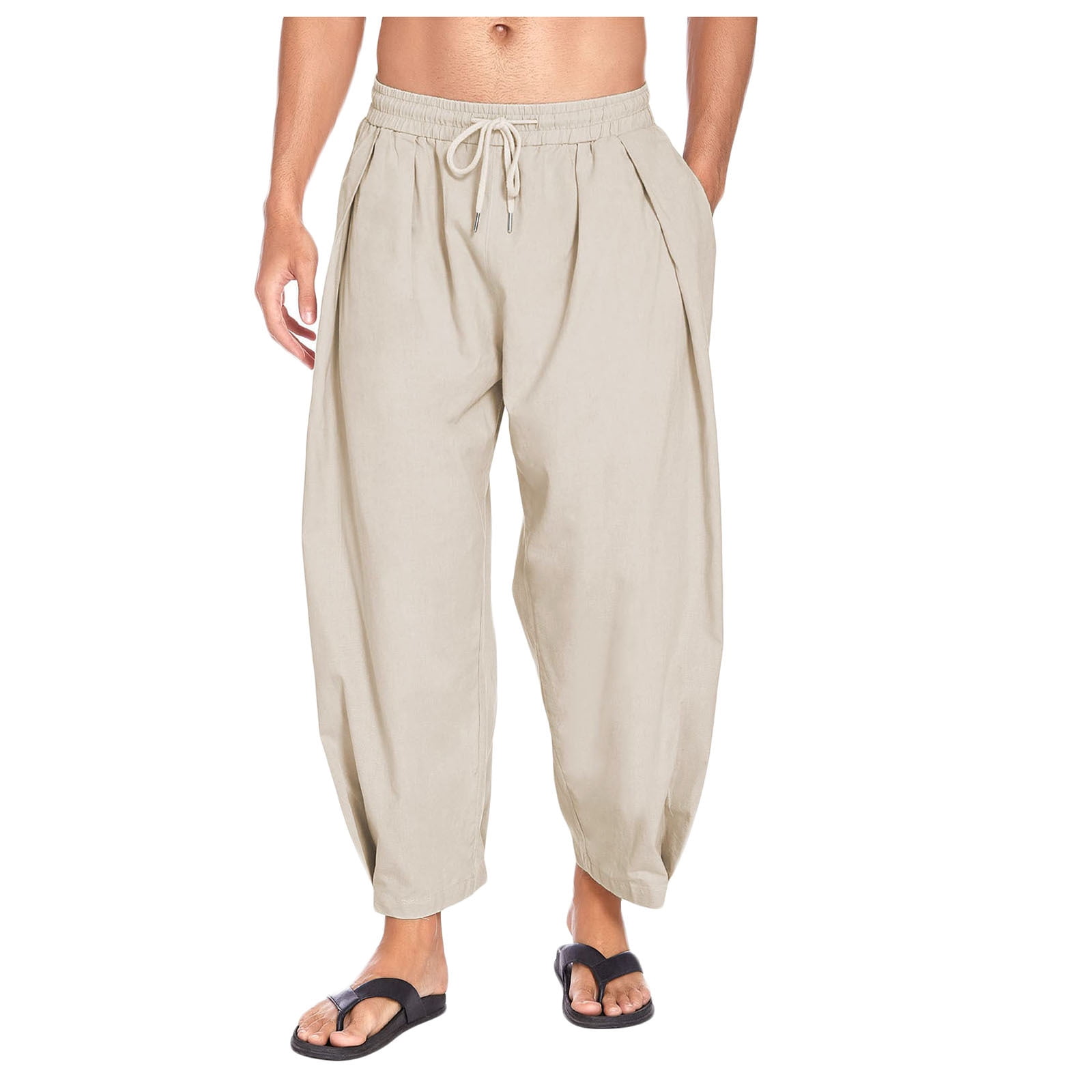 Summer Men's Linen Cropped trousers Drawstring Shorts Elastic waist Trousers B 