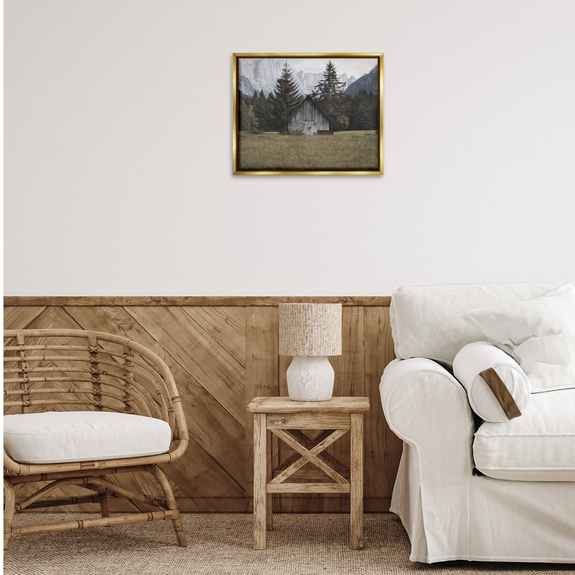 Stupell Industries Rustic Cabin Landscape Landscape Painting Gold Floater Framed Art Print Wall Art, 21 x 17