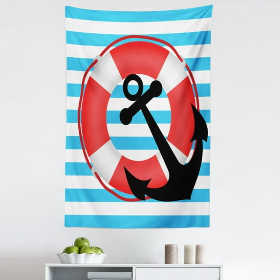 Anchor Tapestry, Blue Striped Backdrop with Life and Anchor Aboard Travel Protection, Fabric Wall Hanging Decor for Bedroom Living Room Dorm, 5 Sizes, Sky Blue Red Black, by Ambesonne