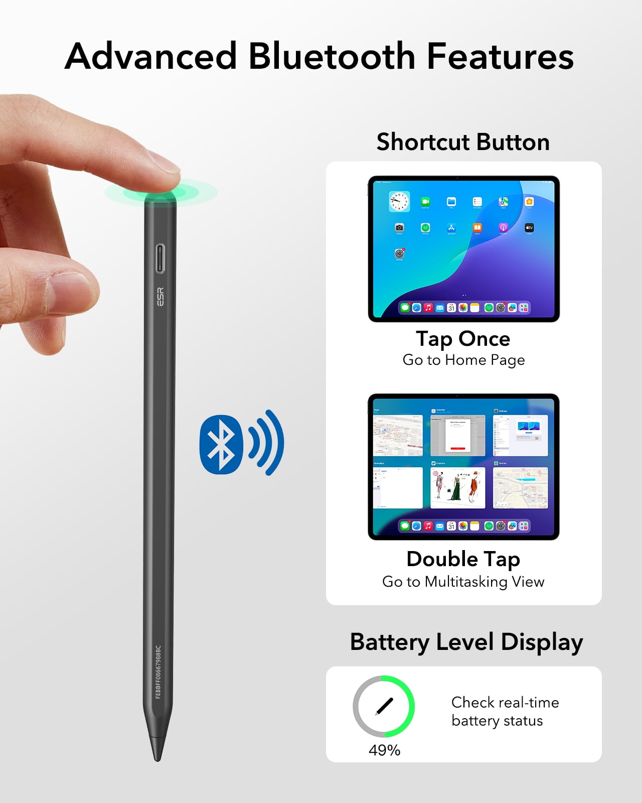 ESR Geo Digital Pencil Compatible with Apple iPad 2018-2026 (A16/10/9/8, Air 13/11, Pro 12.9/13/11, Mini 7/6/5), Find My & Easy Shortcuts, Black (No Wireless Charging)