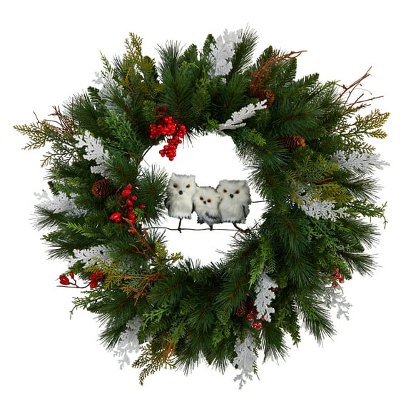 Nearly Natural 24in. Holiday Winter Owl Family Pinecone Berry Christmas Artificial Wreath