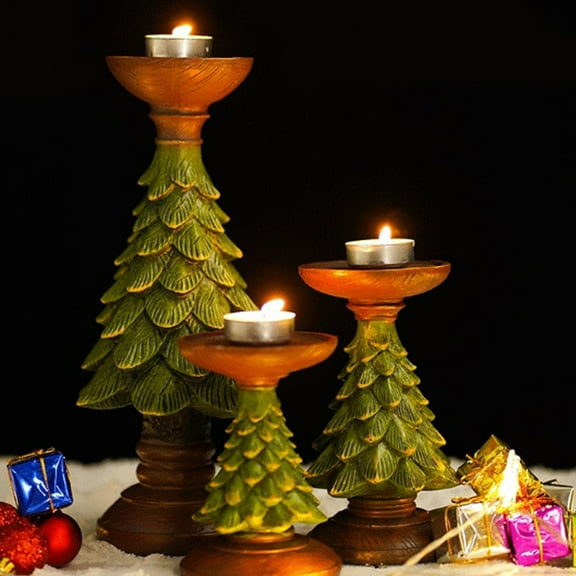 Christmas Tree Candle Holders Vintage Resin Christmas Tree Figurine Pillar Candle Stand for Home Mantel Fireplace Decor