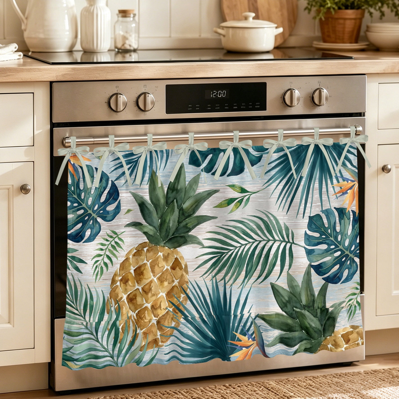 Oven Skirt Curtain for Kitchen 24x32 Inch Summer Pineapple Oven Curtain with 8 Ribbon Ties & Ruffle Trim Stove Skirt Curtain Dishwasher for Cabinets Sinks Rustic Tropical Plam Leaf Monstera Leaves