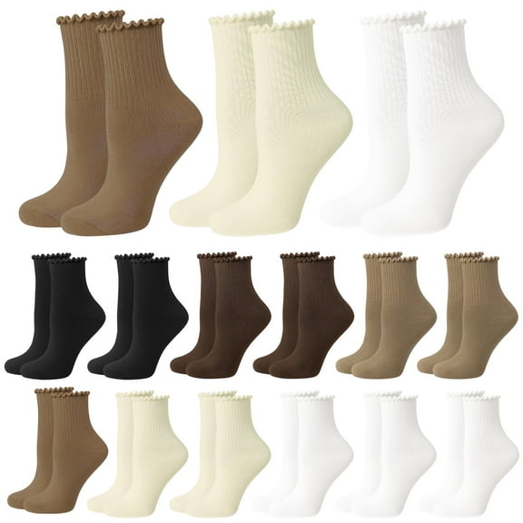 Bocaoying 15 Pairs Women's Ruffle Socks, Soft Breathable Lettuces Edge Crew Socks for Women and Girls,  White, Black and Coffee Above Ankle Socks for Casual, Daily Wear, Size 5-9.5