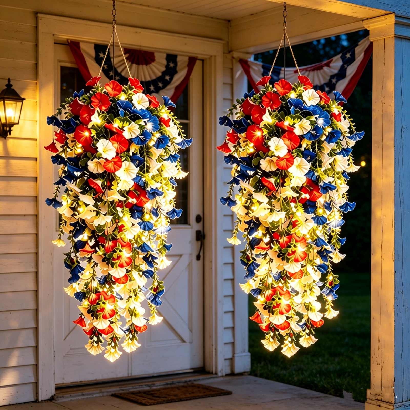Red Blue White Flowers, Patriotic Artificial Hanging Plants, 4th of July 250th Anniversary Porch Decor Independence Day Floral Arrangement for Memorial Day Home Outdoor