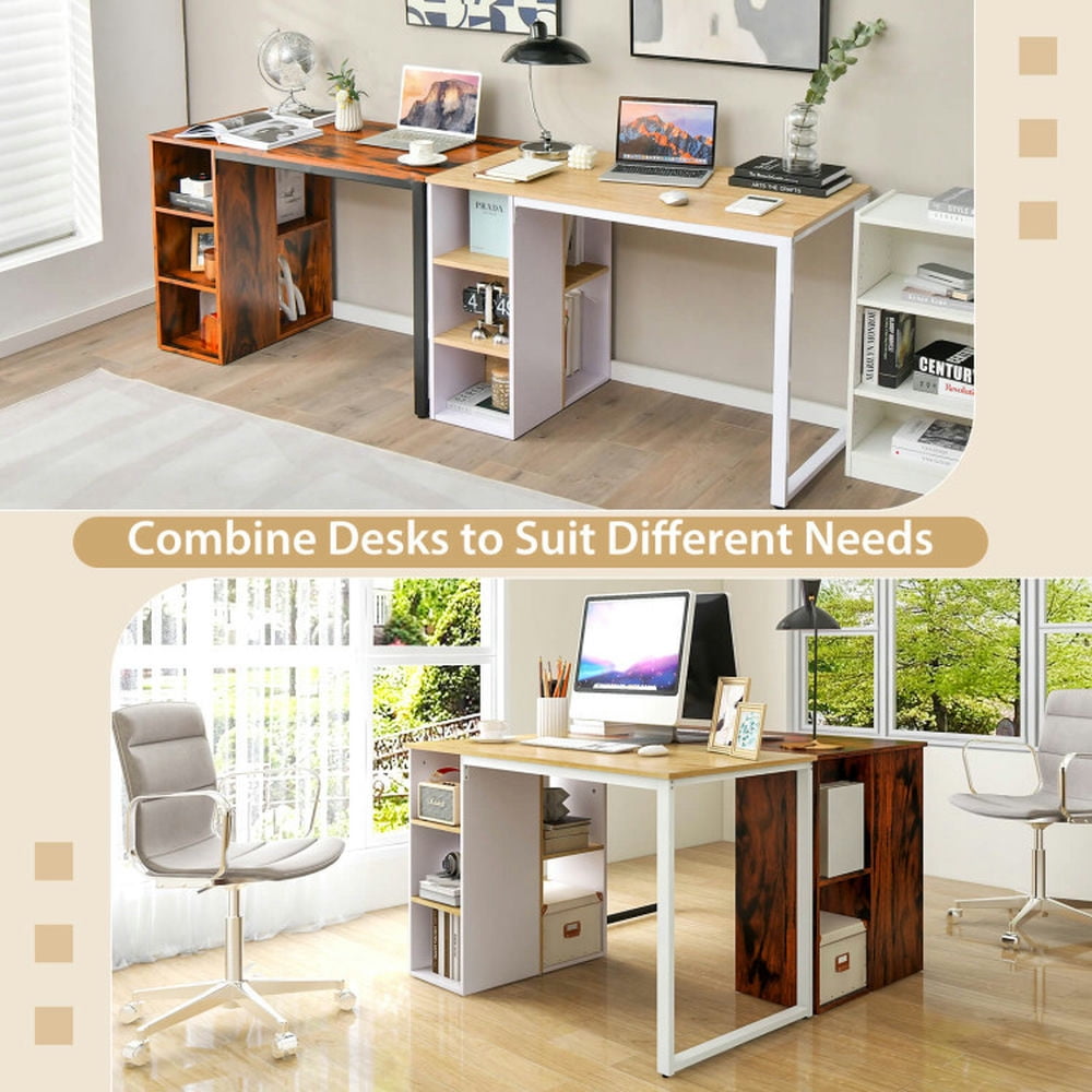 Demi Bonn Computer Desk with 5 Side Shelves and Metal Frame, Small Home Office Desk Study Writing Table, White