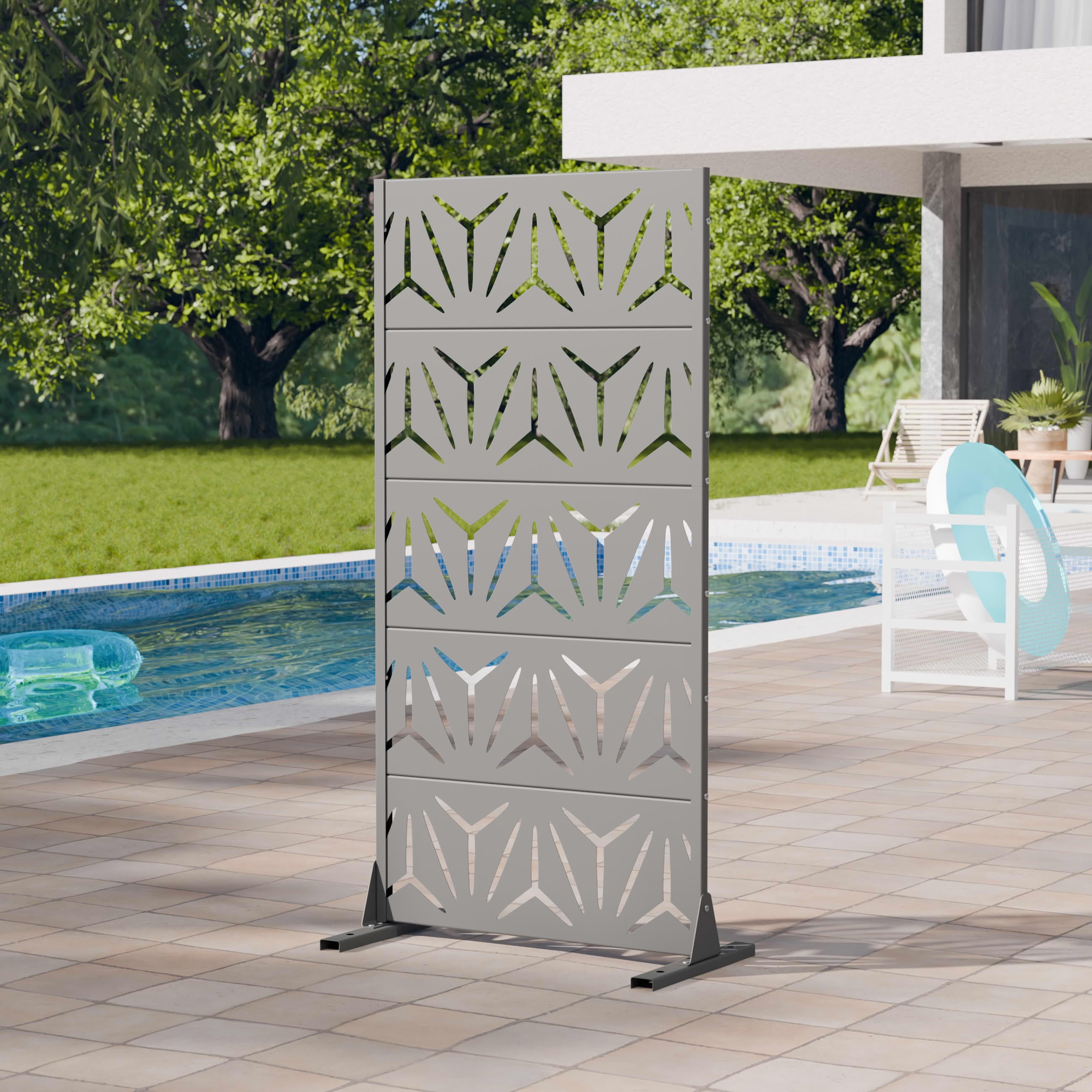 MAYEERTY 2-Piece Outdoor Metal Privacy Screen 5ft Gray, 5-Panel Geometric Y-Pattern Decorative Screen for Garden