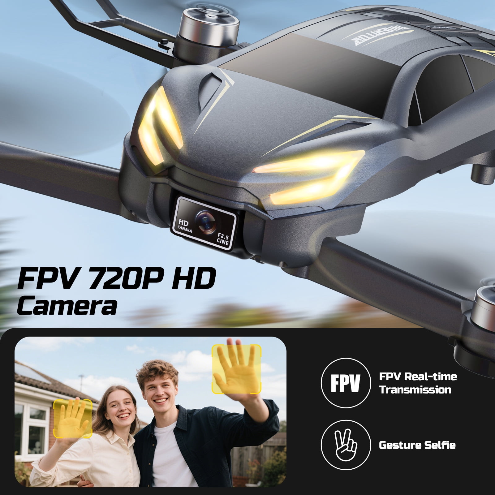 Wefone D12 2-in-1 Racing Car Drone for Kids & Adults with Camera, 6 LED Lights, 2 Adjustable Speeds, Easy to Fly & Crash-Resistant, 2 Batteries, Gray