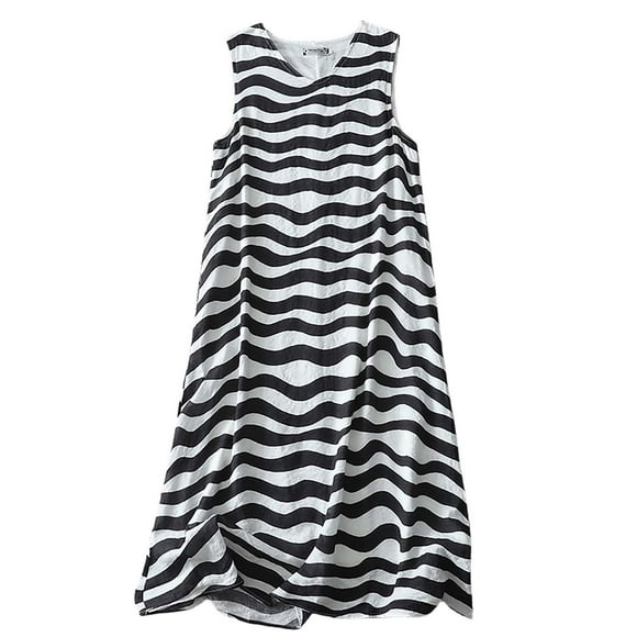 HVOBTTY Summer Casual Sleeveless Dresses for Women, Striped Dress Mid Length Loose Large V-neck Sleeveless Dress Black, L