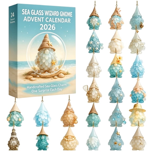 24 Days Sea Glass Gnome Advent Calendar 2026, Sky Blue Holiday Hanging Ornaments, Countdown Surprise Charms for Christmas Tree Decor, Gift Box Set
