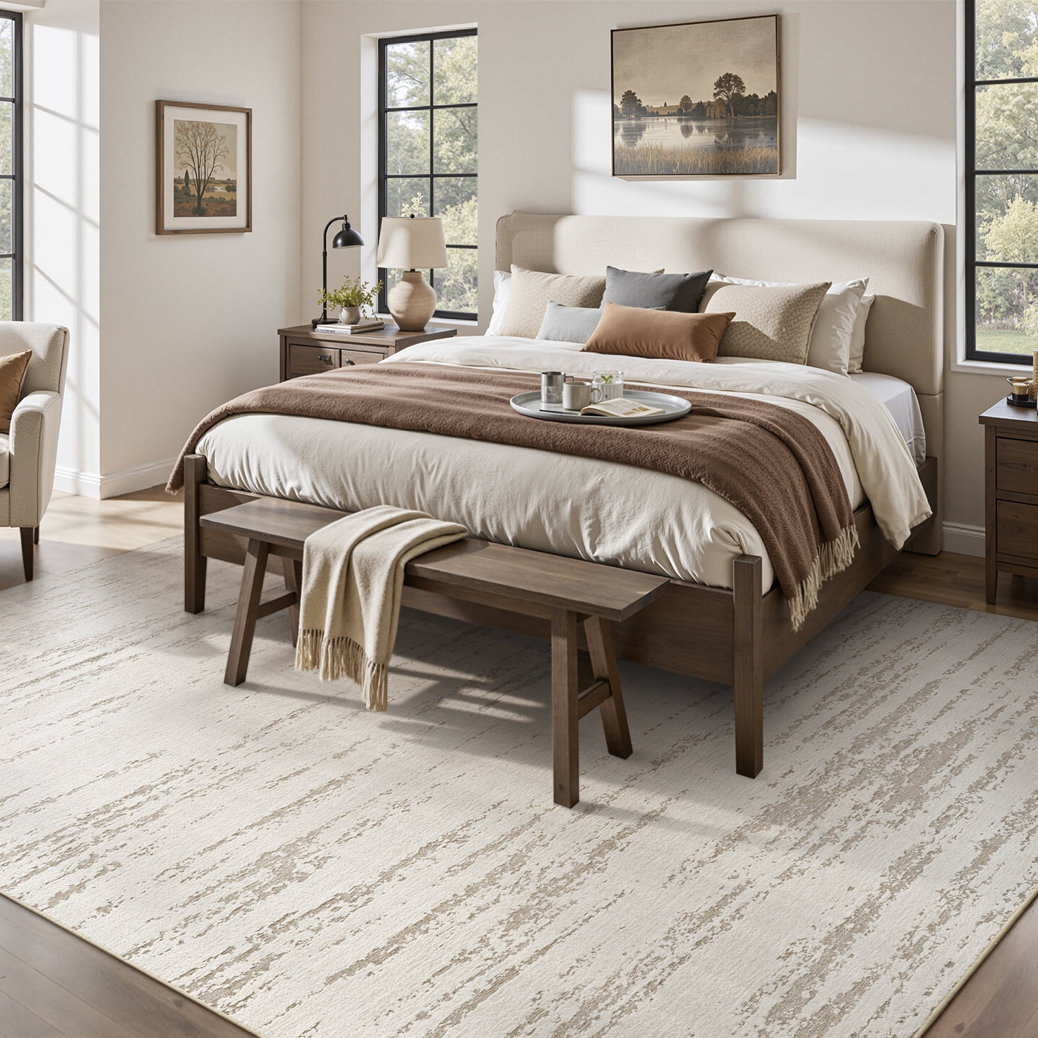 SIXHOME 8'x10' Area Rugs for Living Room Washable Rugs Chenille Jacquard Textured Modern Abstract Rugs for Bedroom Dining Room Office Indoor Non-Slip Soft Carpet Beige