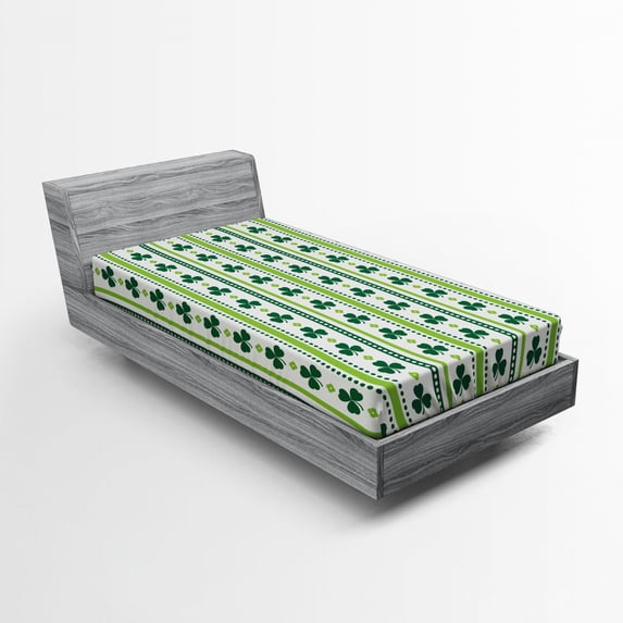 Floral Fitted Sheet, Clovers Vertical Lines and Dots Irish Traditional Floral Pattern, Soft Decorative Fabric Bedding, Twin Size, Lime Green Dark Green, by Ambesonne