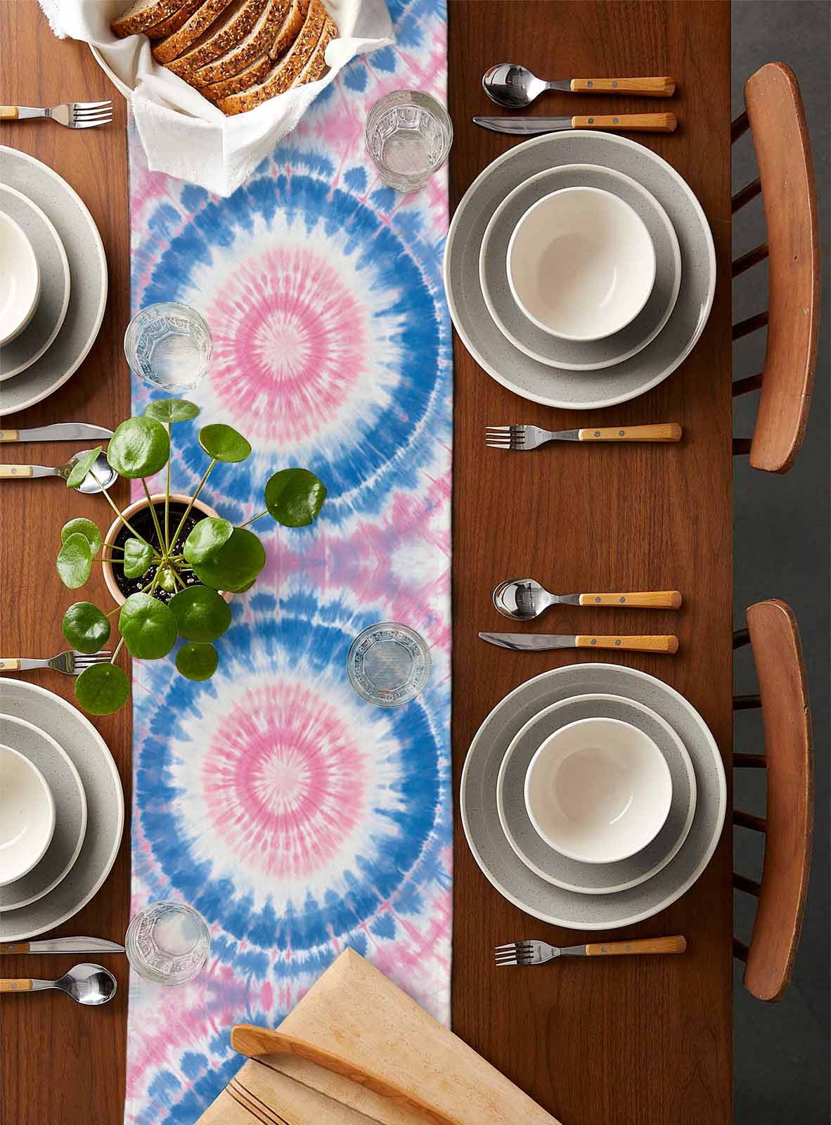 Boanket Pink Blue Ombre Table Runner - 72 Inch Long, Kitchen Dining Table Runner Dresser Scarves, Modern Boho Ethnic Tie Dye Geometric Farmhouse Decor for Coffee Tables Wedding Party Banquet