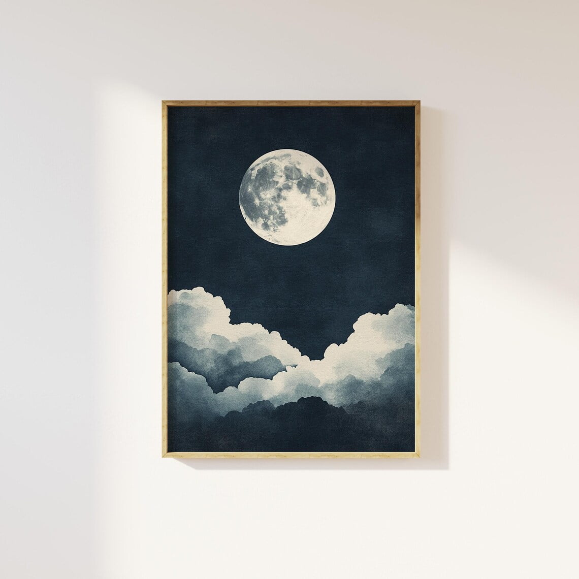 Full Moon In Cloudy Midnight Sky Art Print Mystical Celestial Minimalistic Wall Art