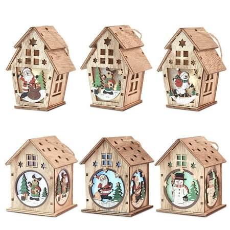 

Elenxs 6 PCS Christmas Houses Wooden LED Luminous Villages Crafts Xmas Tree Pendants Kid Gift Ornaments
