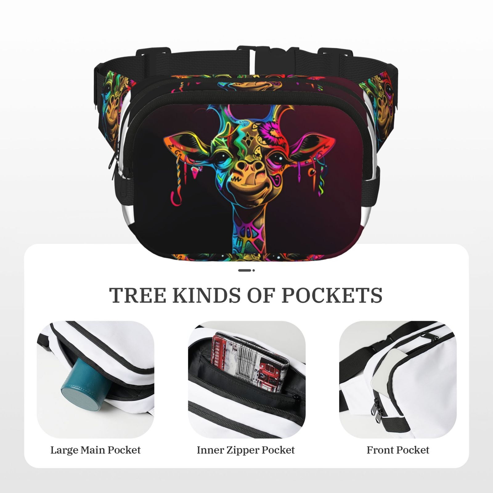 Hirioo Neon Psychedelic Giraffe for Double Layer Waist Bag Adjustable Fanny Pack For Travel Running Hiking