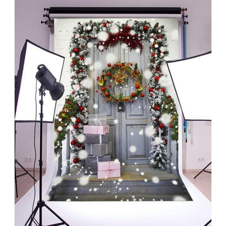 Image of GreenDecor 5x7ft Photography Backdrop Christmas Decorations Outdoor Green Garland Gray Door Snowflake Gifts Red Berry Scene Photo Background Children Baby Adults Portraits Backdrop