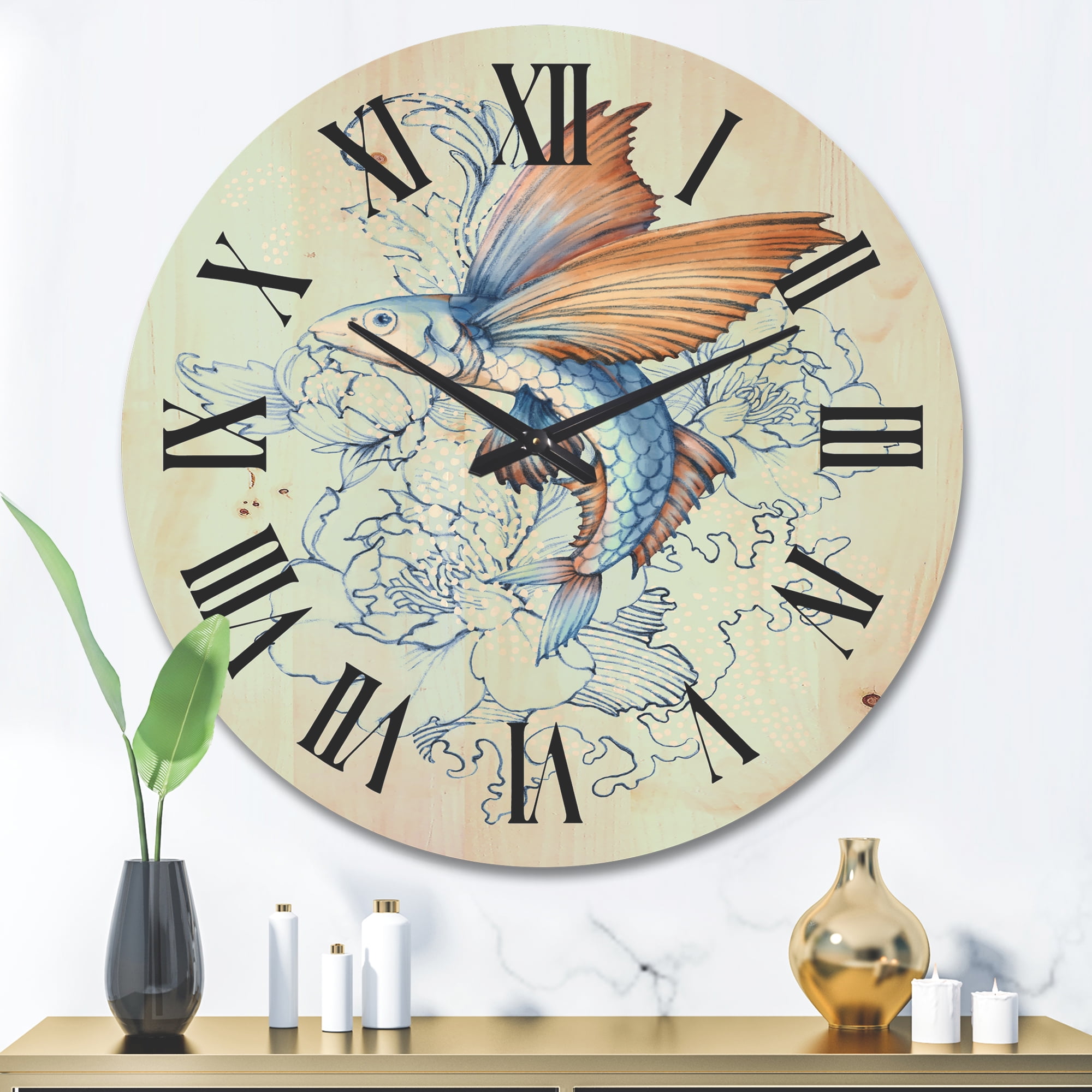 Designart 'Flying Fish and Peonies' Traditional Wood Wall Clock