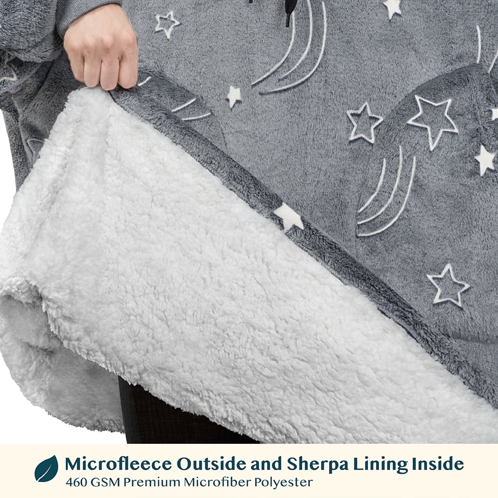 PAVILIA Wearable Blanket Sweatshirt for Kids Boy Girl, Warm Cozy Giant Hoodie with Two Pockets and Long Sleeves, Fleece Sherpa Oversized Hooded Blanket Pullover Gift for Teens Youths, Glow Star Gray