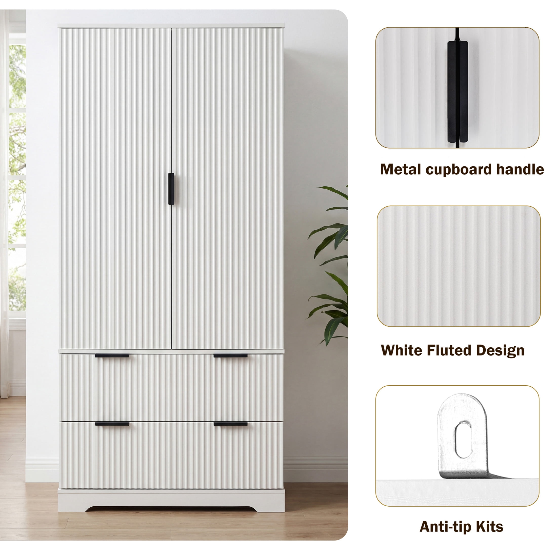 Noble House 71.65" Fluted Pantry Cabinet with Drawers, Door Spice Racks, Adjustable Shelf, White