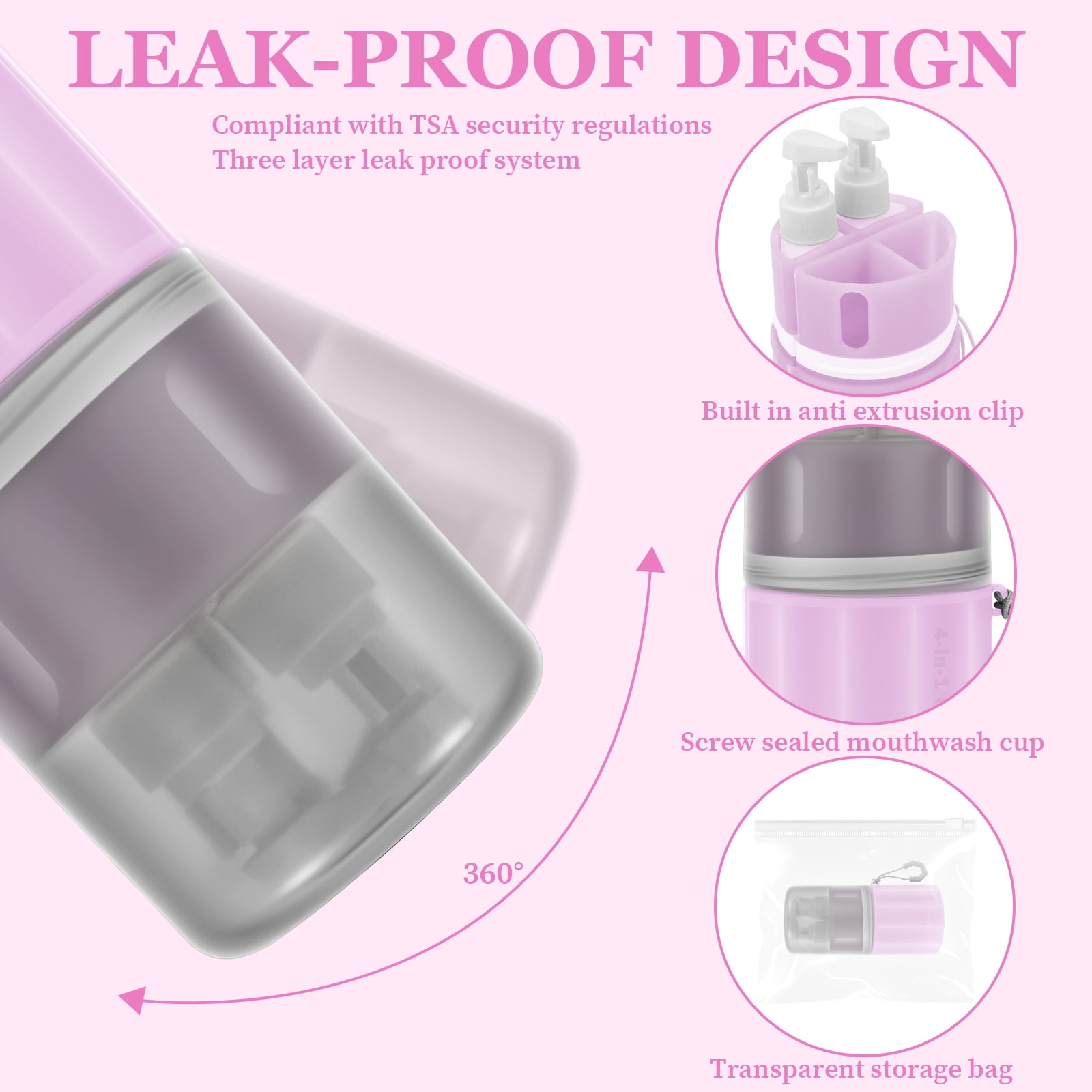 NUAHRHY 4-in-1 Travel Toiletry Container, 4 2Oz Leak Proof Travel Bottle Set with Suction Cup for Smooth Wall, Portable Refillable Dispenser Bottle for Shampoo Conditioner Body Wash Lotion