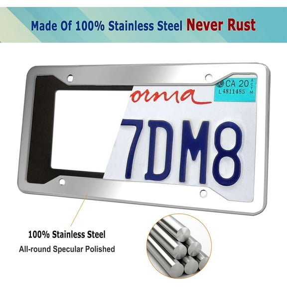 2 Pcs 4 Holes Stainless Steel License Plate Frame， Car License Plate Holder Bracket