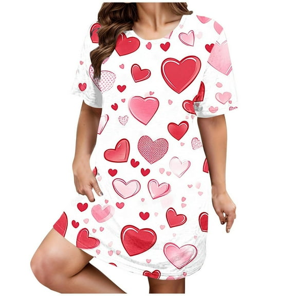 Women Nightgowns & SleepshirtsPlus Size Casual Sleep Dress Women's Plus Heart Print Short Sleeve Round Neck Medium Stretch Loose Nightdress Valentine's Day Nightdress