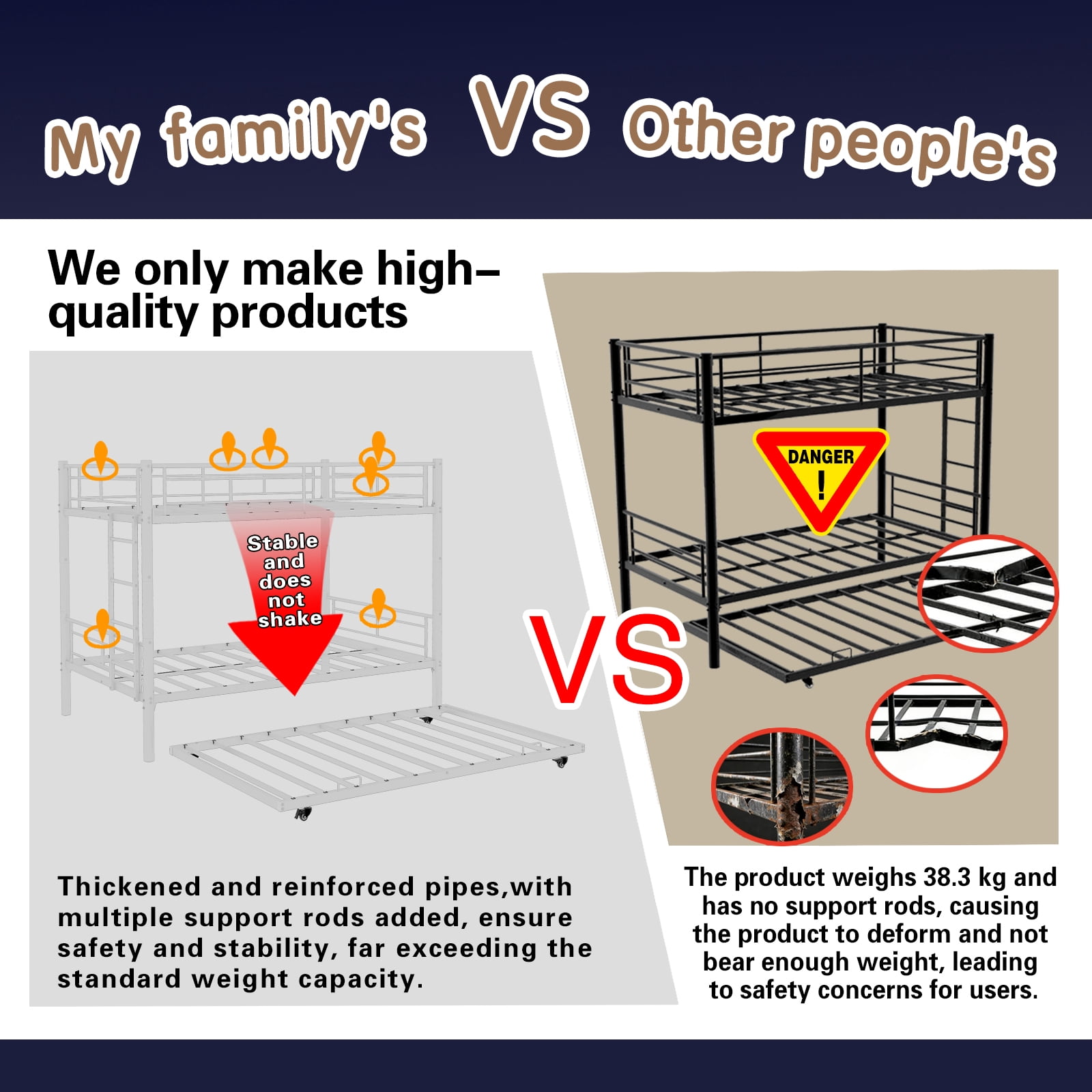 White Twin Metal Triple Bunk Bed with Removable Design – Durable Iron Structure, Separates Into Three Twin Beds