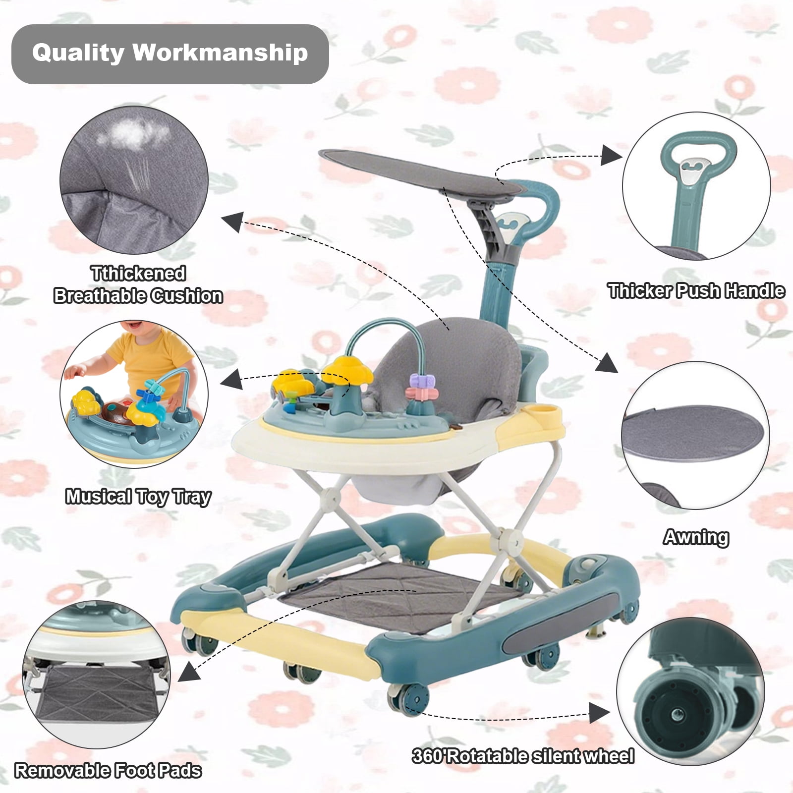MINGYI 5-in-1 Baby  Walker, Foldable, Height Adjustable, Quiet Wheels, Easy Clean, Green, Suitable for Boys and Girls