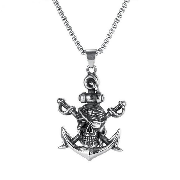 MayiaHey Gothic Pirate Skull Pendant, Nautical Anchor Skull Necklace for Men, Crossed Sword Pirate Skull Necklace Punk Nautical Anchor Skull Charm Jewelry, Crossed Sword Pirate Skull Pendant Necklace